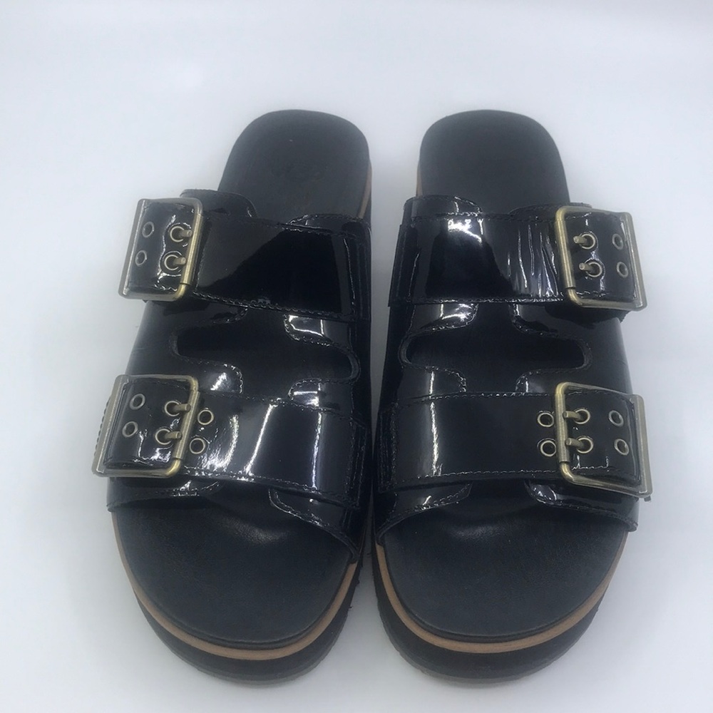 UGG Women Black Cammie Leather Platform Slides US Size 7
